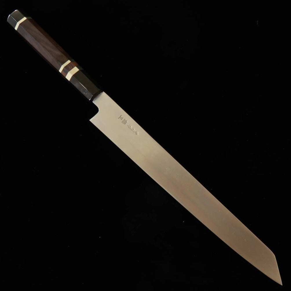 Couteau Kiritsuke Yanagiba pour gaucher Miura Obidama (Gamme Obidama), Acier Ginsan, Finition Kitogi, Manche en Ébène avec Anneaux d'Argent (270 mm)