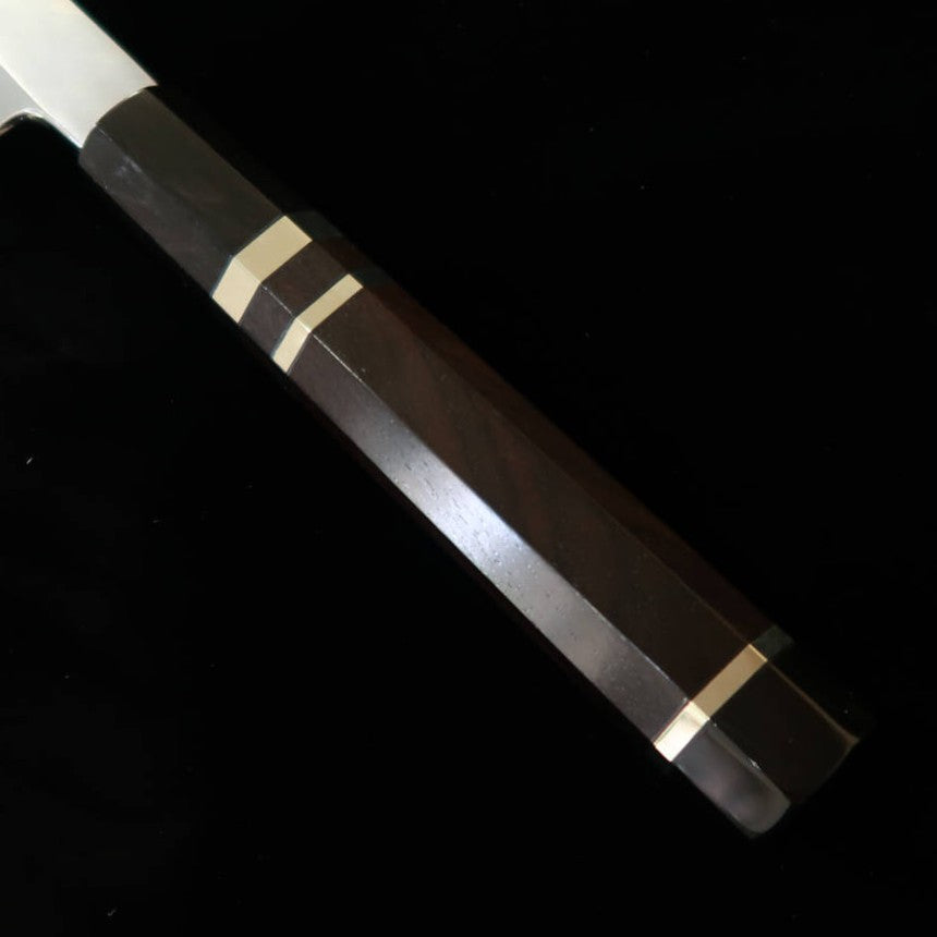 Couteau Kiritsuke Yanagiba pour gaucher Miura Obidama (Gamme Obidama), Acier Ginsan, Finition Kitogi, Manche en Ébène avec Anneaux d'Argent (270 mm)
