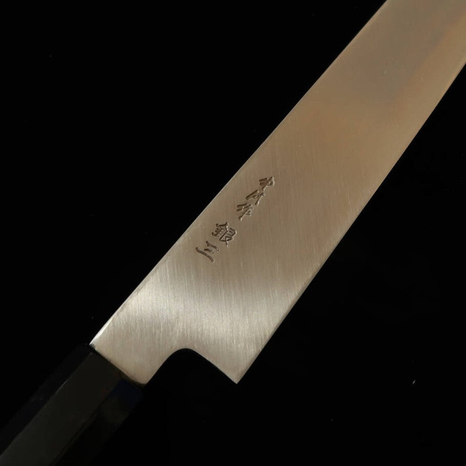Couteau Kiritsuke Yanagiba pour gaucher Miura Obidama (Gamme Obidama), Acier Ginsan, Finition Kitogi, Manche en Ébène avec Anneaux d'Argent (270 mm)