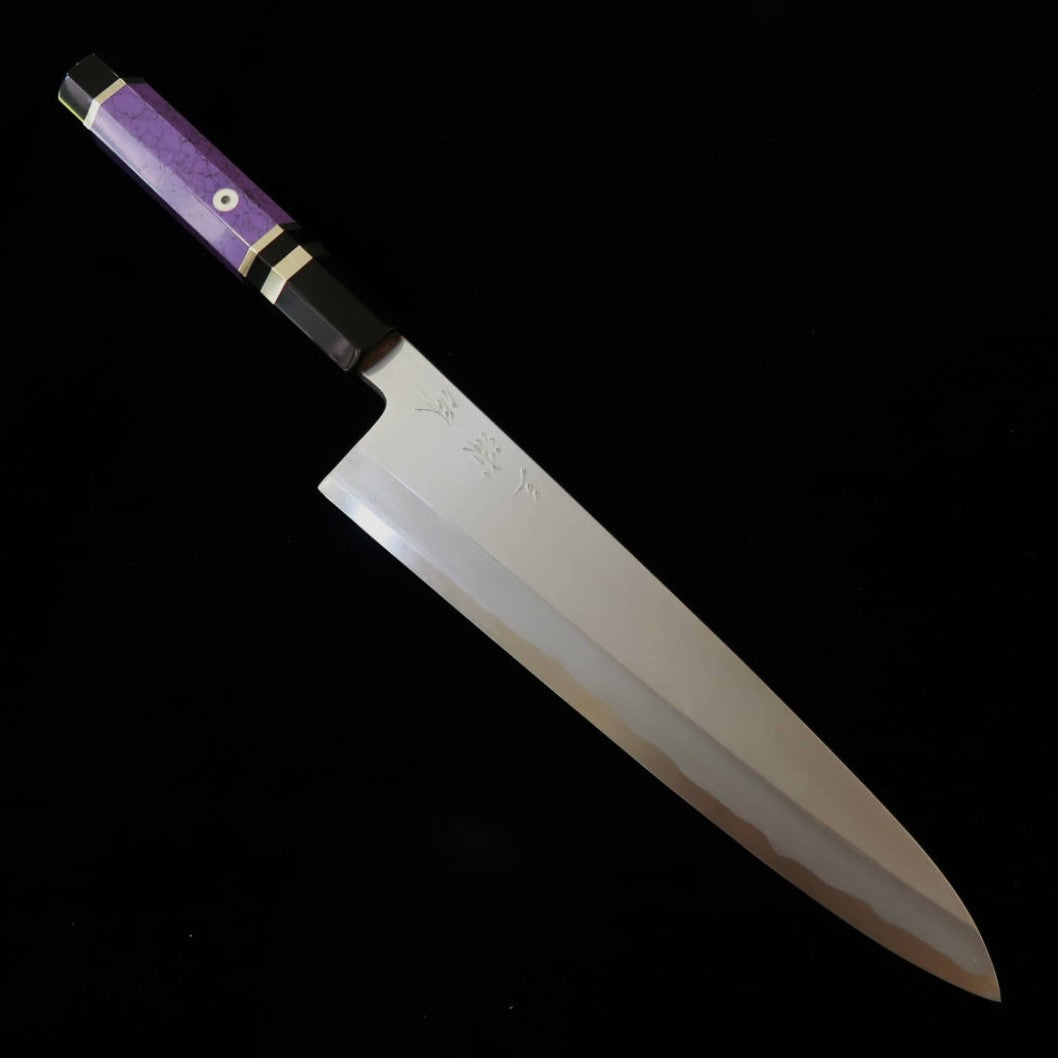 MIURA Obidama gyuto à simple biseau, acier Shirogami n°2, finition bokashi, manche custom violet (210/240 mm)
