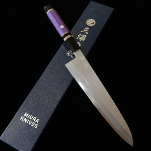 MIURA Obidama gyuto de fio único, aço ao carbono Shirogami #2, acabamento bokashi, cabo customizado – roxo (210/240 mm)