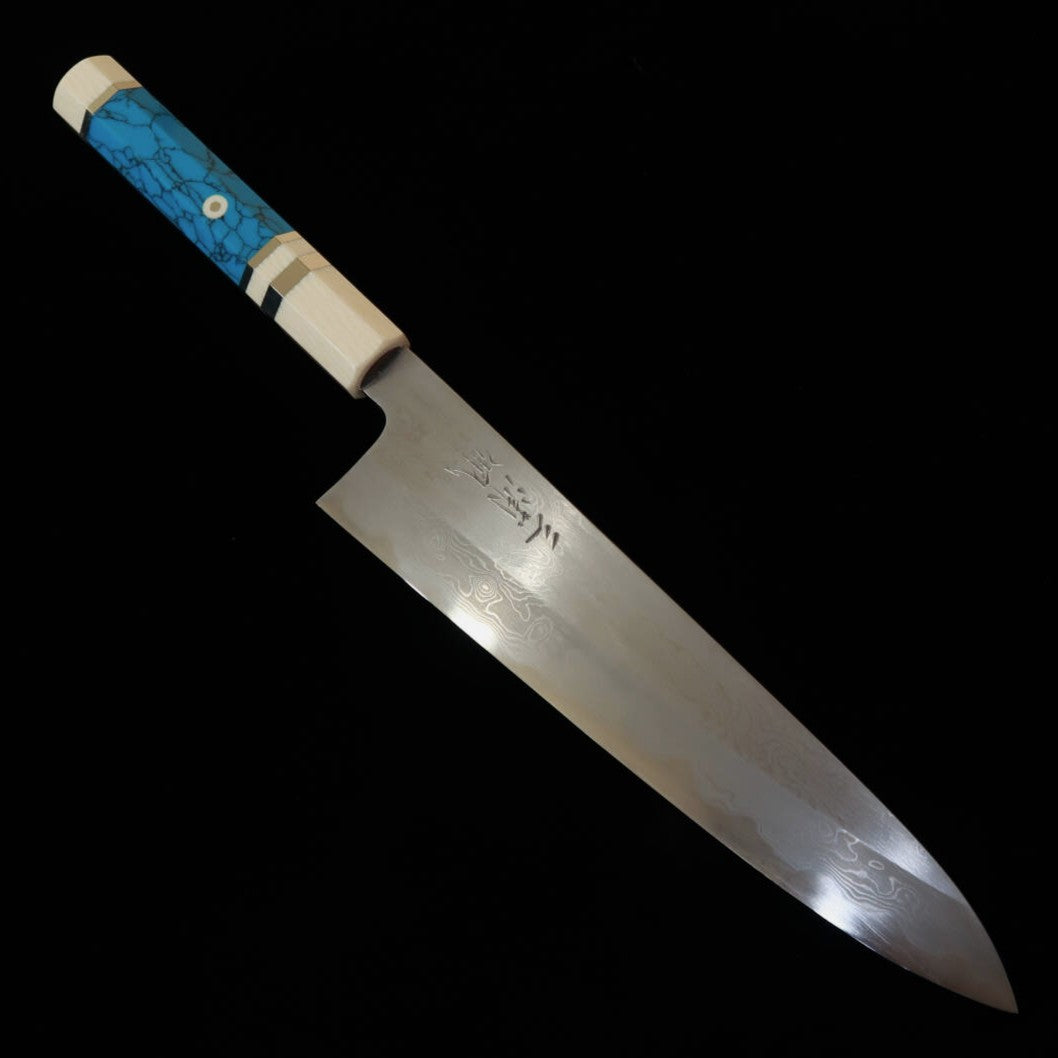 MIURA Obidama gyuto, Aogami n°1, damas, manche en turquoise blanc (210/240 mm)