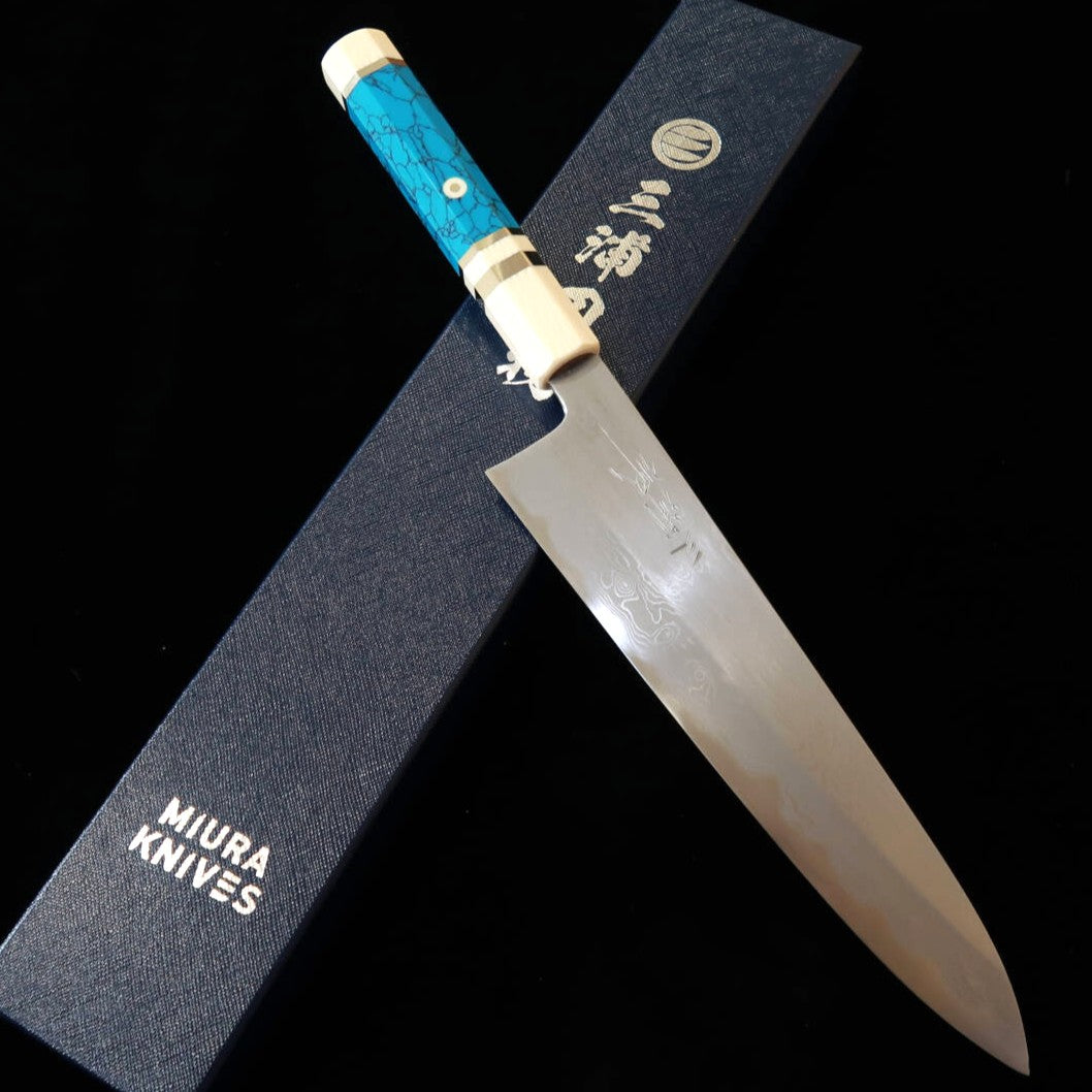 MIURA Obidama gyuto, Aogami n°1, damas, manche en turquoise blanc (210/240 mm)
