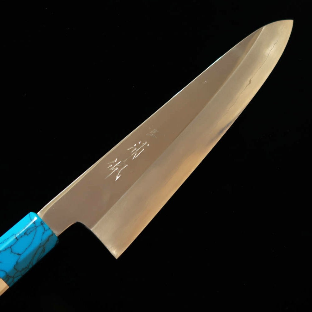 Miura Obidama Gyuto Simple Tranchant Gingami No.3 Finition Miroir, Manche en turquoise (240 mm)