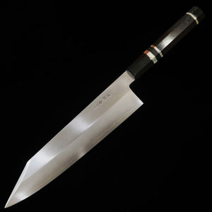 【Chef Hiro × Miura】Miura Kai, édition spéciale « Hiro », couteau Gyuto kiritsuke à large lame, acier Silver #3, finition brume, manche octogonal en ébène, collet en corne de buffle noire cerclé d’argent, 8 sun (240 mm)