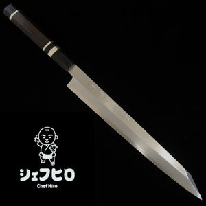 【シェフヒロ×三浦】三浦 佩 別誂「広」 銀紙三号 霞 水牛黒角口輪銀巻黒檀八角柄 勘所切付柳刃９寸（270mm)