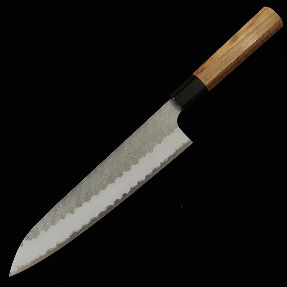 NIGARA Forjaria Nitakari - Aogami Super - Polida com textura martelada - Gyuto - Cabo octogonal de teca (210/240mm)