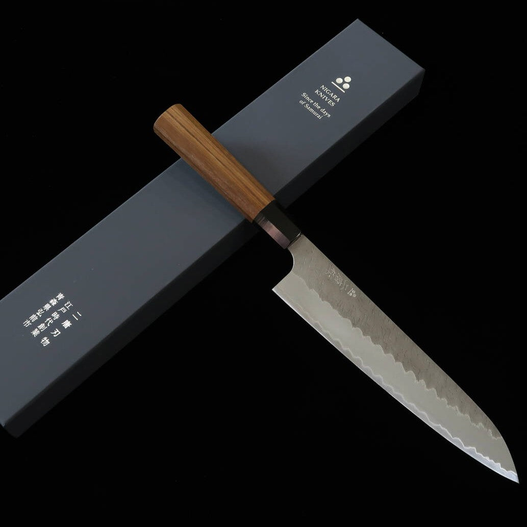 二唐刃物鍛造所NIGARA 青紙スーパー 磨き槌目 牛刀 チーク八角柄 （210/240mm）