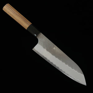 Nigara Hamono Forging NIGARA Aogami Super acabado negro Santoku mango octogonal de teca (180 mm)