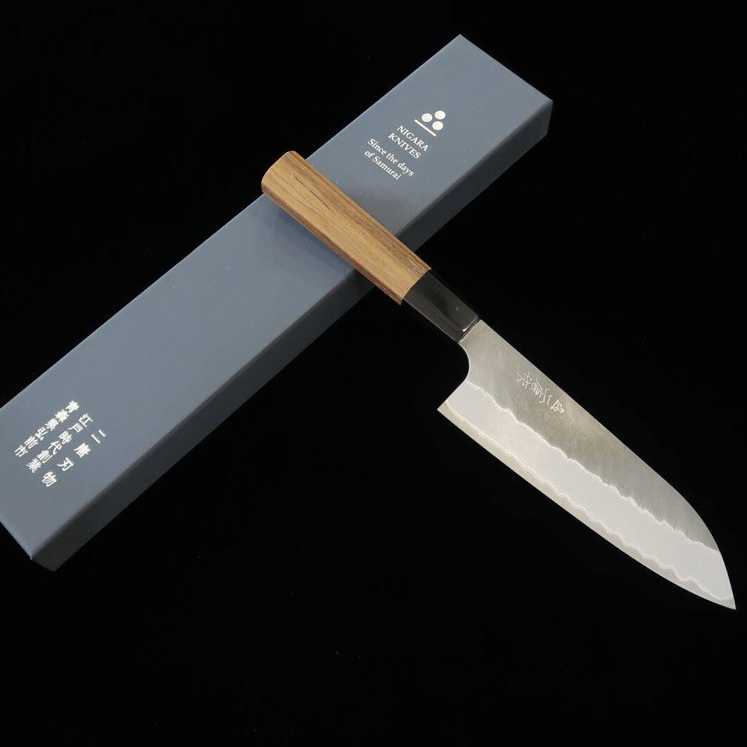 二唐刃物鍛造所NIGARA 青紙スーパー黒打 三徳 チーク八角柄 （180mm）
