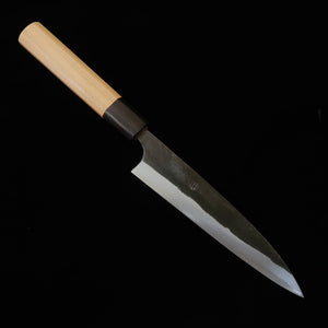 MIURA Onijin yanagiba aço Shirogami #1 cabo de laminado preto com cerejeira (150 mm)