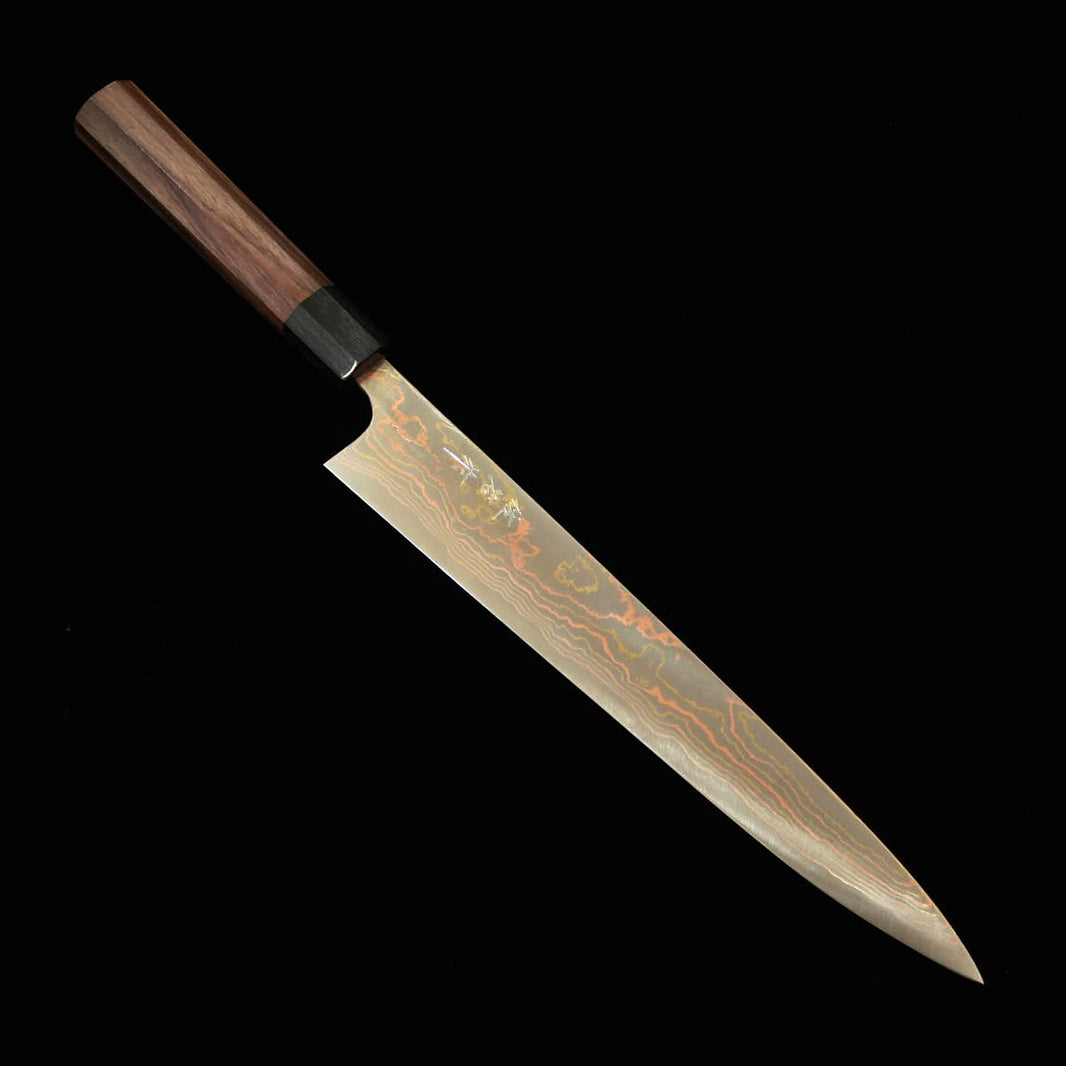Takeshi Saji, Blue Steel No. 2, Colored Damascus Petty with Rosewood Octagonal Handle (240/270mm)