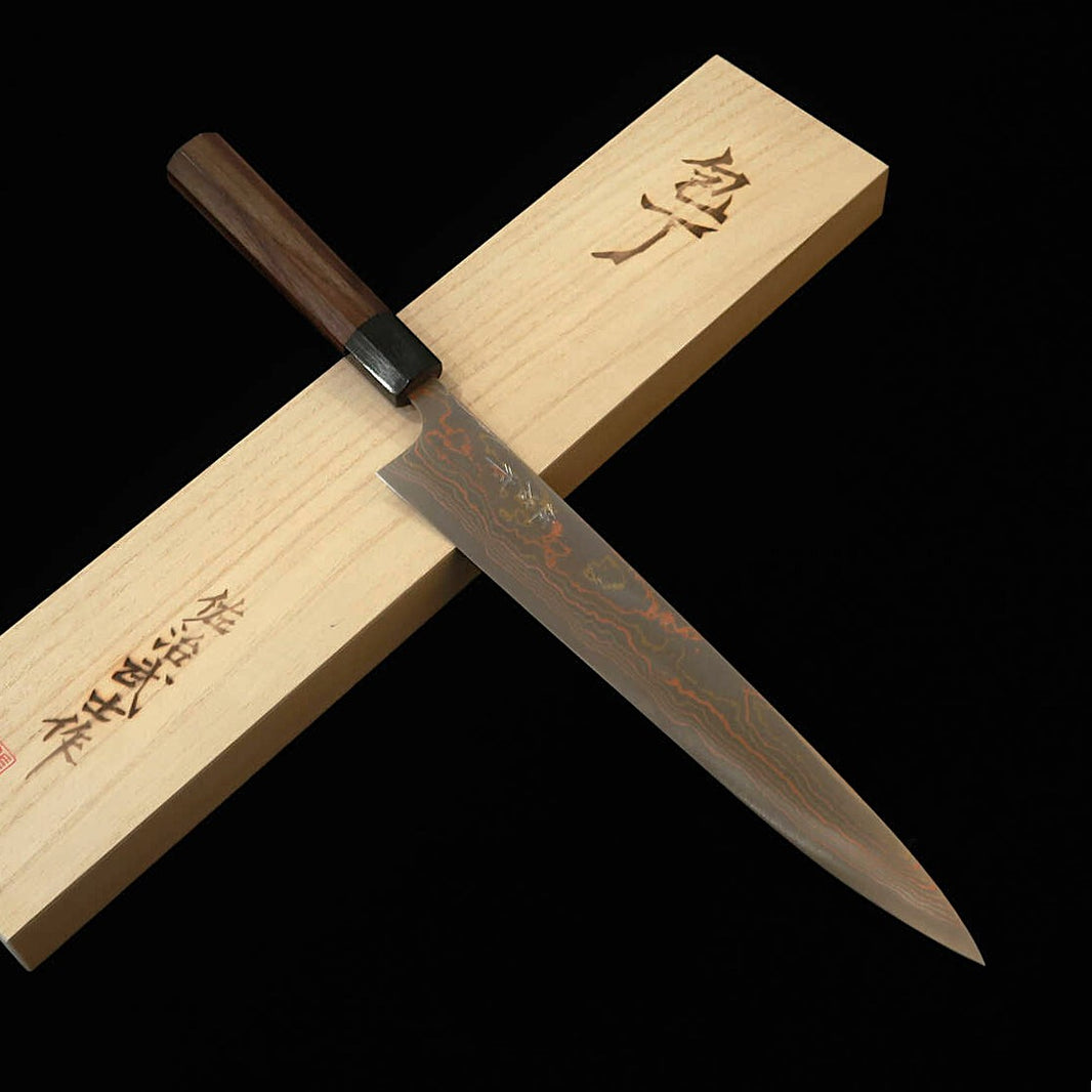 Takeshi Saji, Blue Steel No. 2, Colored Damascus Petty with Rosewood Octagonal Handle (240/270mm)