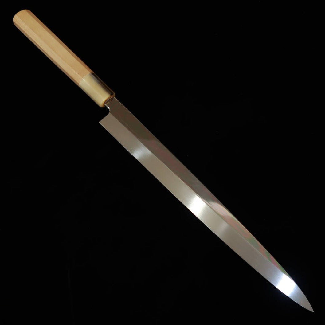 Gō Umanosuke Yoshihiro YOSHIHIRO Faca para fugu Hakushi Nº2 Mizuhonyaki Acabamento espelhado com padrão de onda Cabo branco em magnólia com saya de magnólia (240–300 mm)