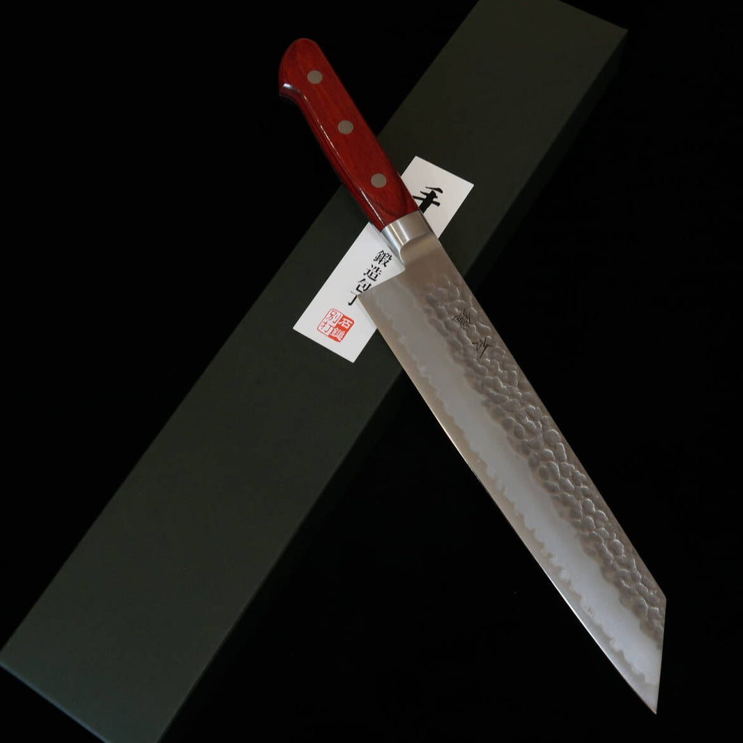 Ishiduchi ISHIDUCHI gyuto kiritsuke, Aogami Super, acabamento martelado, cabo de laminado vermelho (210 mm)