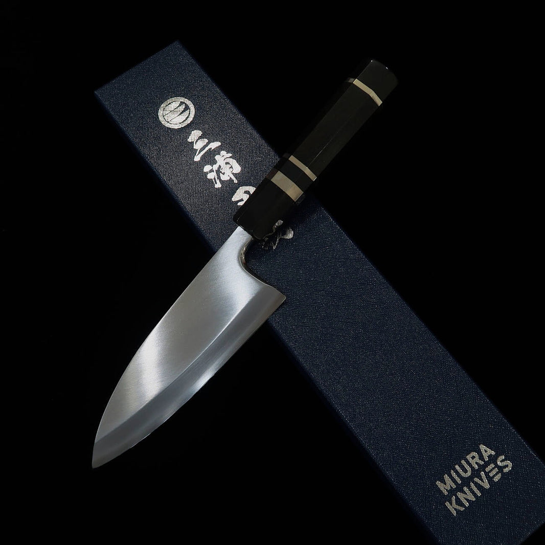 Miura Deba, Left-Handed, Ginsan, Wood Grain Finish, Ebony with Silver Handle (150mm)