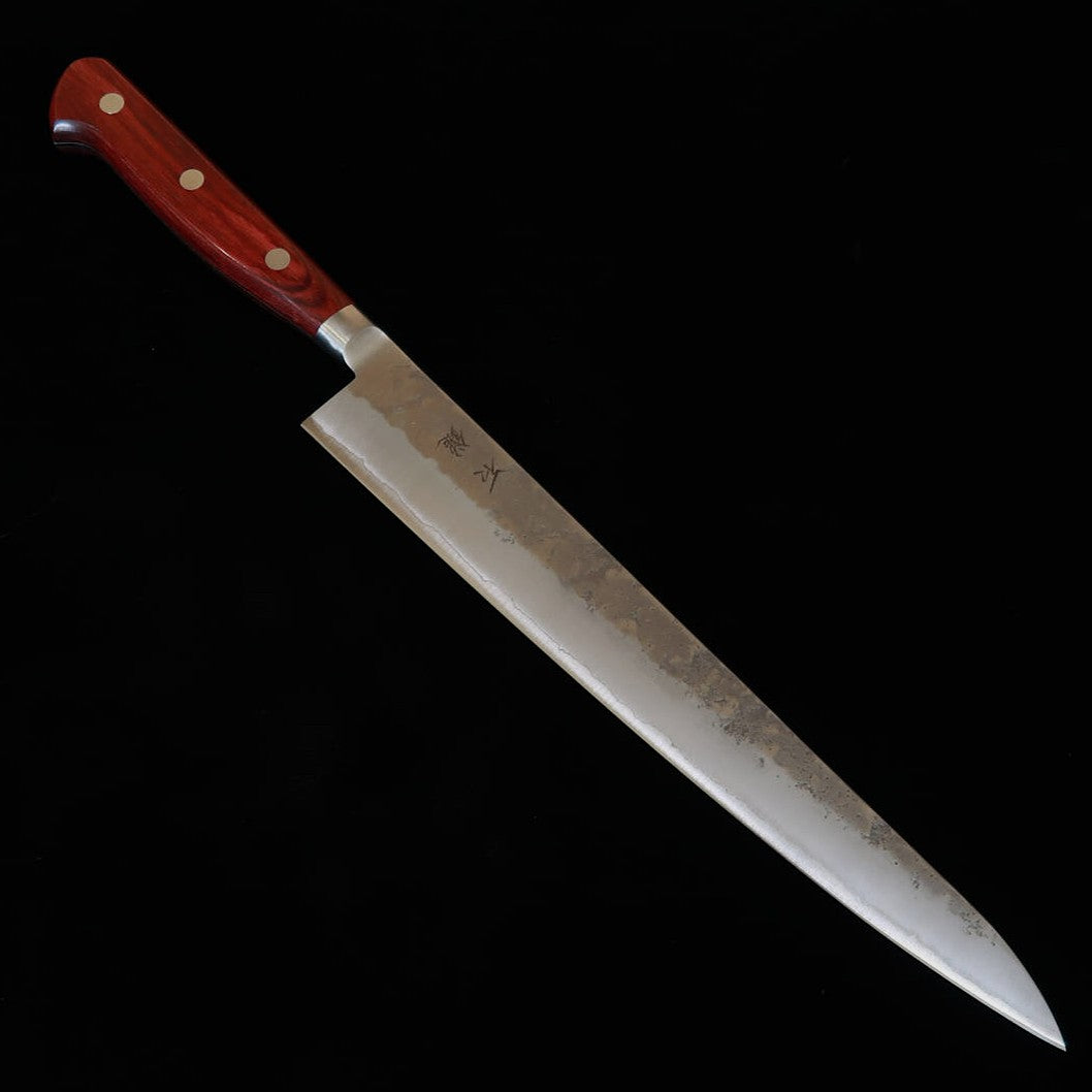 ISHIDUCHI Ishiduchi Sujihiki, aço Gin-3, acabamento nashiji, cabo laminado vermelho (240/270 mm)
