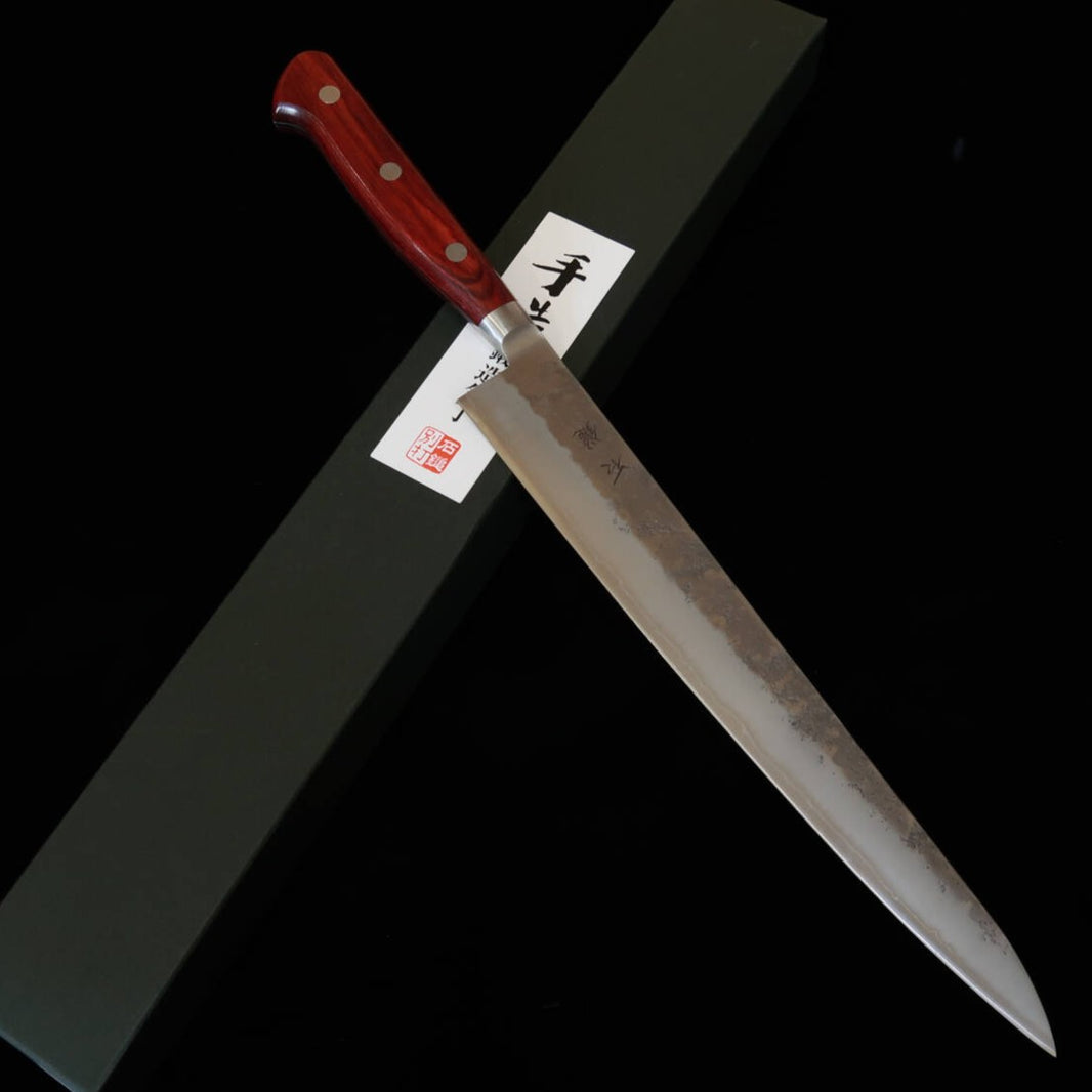 ISHIDUCHI Ishiduchi Sujihiki, aço Gin-3, acabamento nashiji, cabo laminado vermelho (240/270 mm)