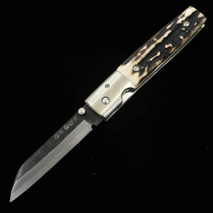 Takeda Hamono TAKEDA Bitchū forge à la main par Inagaki, couteau pliant liner lock A, bois de cerf Ezoshika, acier Hitachi Aogami Super (85 mm)
