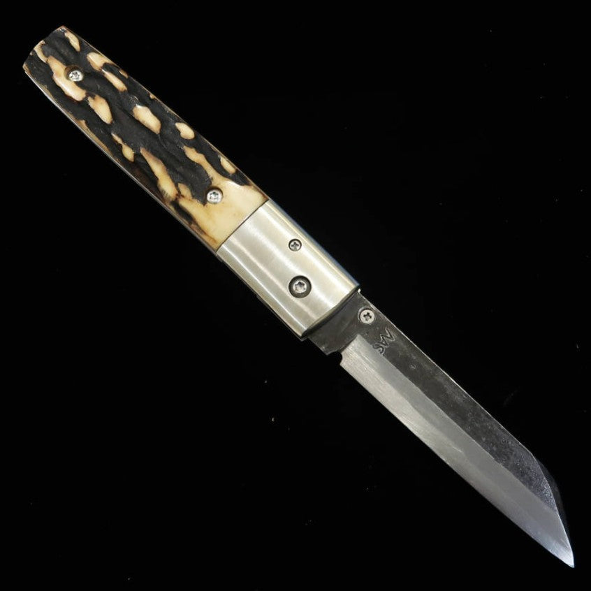 Cuchillo plegable Liner Lock Takeda (TAKEDA), forjado a mano en Bitchū por Inagaki, tipo A, asta de ciervo Ezoshika, acero Hitachi Aogami Super (85 mm)