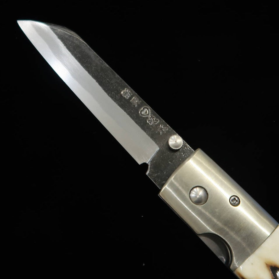 Cuchillo plegable Liner Lock Takeda (TAKEDA), forjado a mano en Bitchū por Inagaki, tipo A, asta de ciervo Ezoshika, acero Hitachi Aogami Super (85 mm)