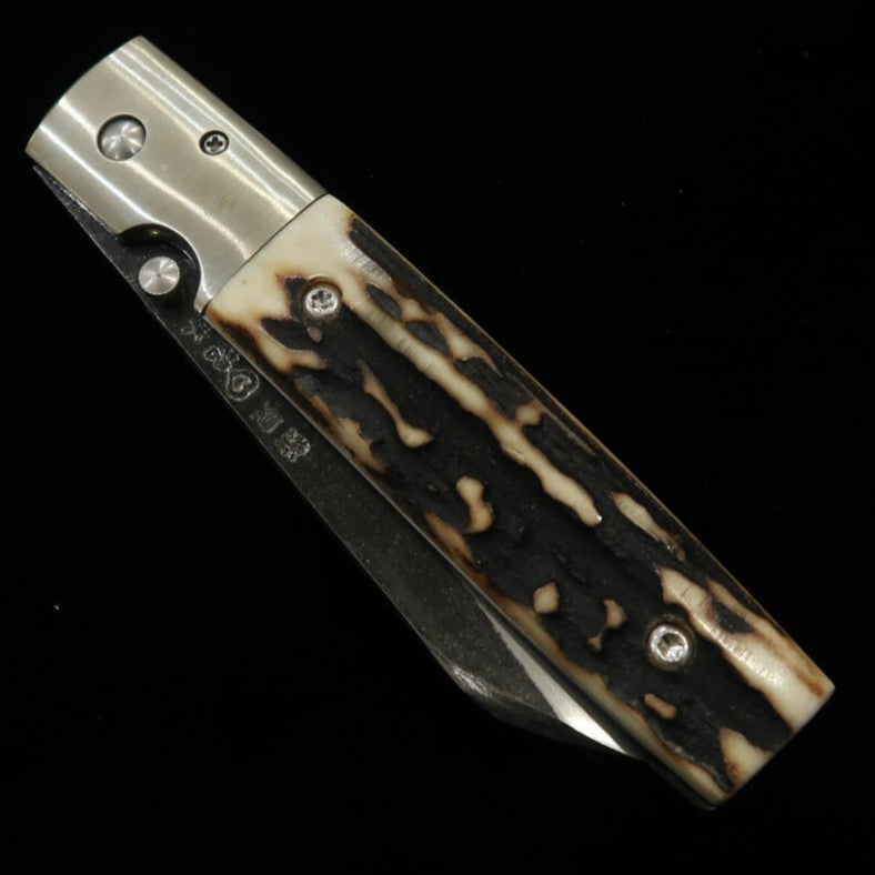 Cuchillo plegable Liner Lock Takeda (TAKEDA), forjado a mano en Bitchū por Inagaki, tipo A, asta de ciervo Ezoshika, acero Hitachi Aogami Super (85 mm)
