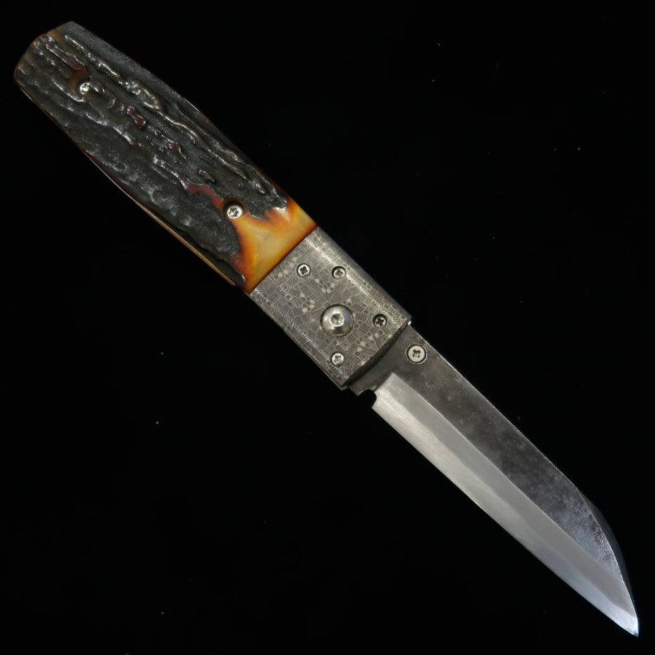 Takeda Hamono TAKEDA – Forja artesanal Bitchu, obra de Inagaki – Liner Lock Folder B – Chifre de cervo indiano tingido – Bolster especial – Aço Hitachi Aogami Super