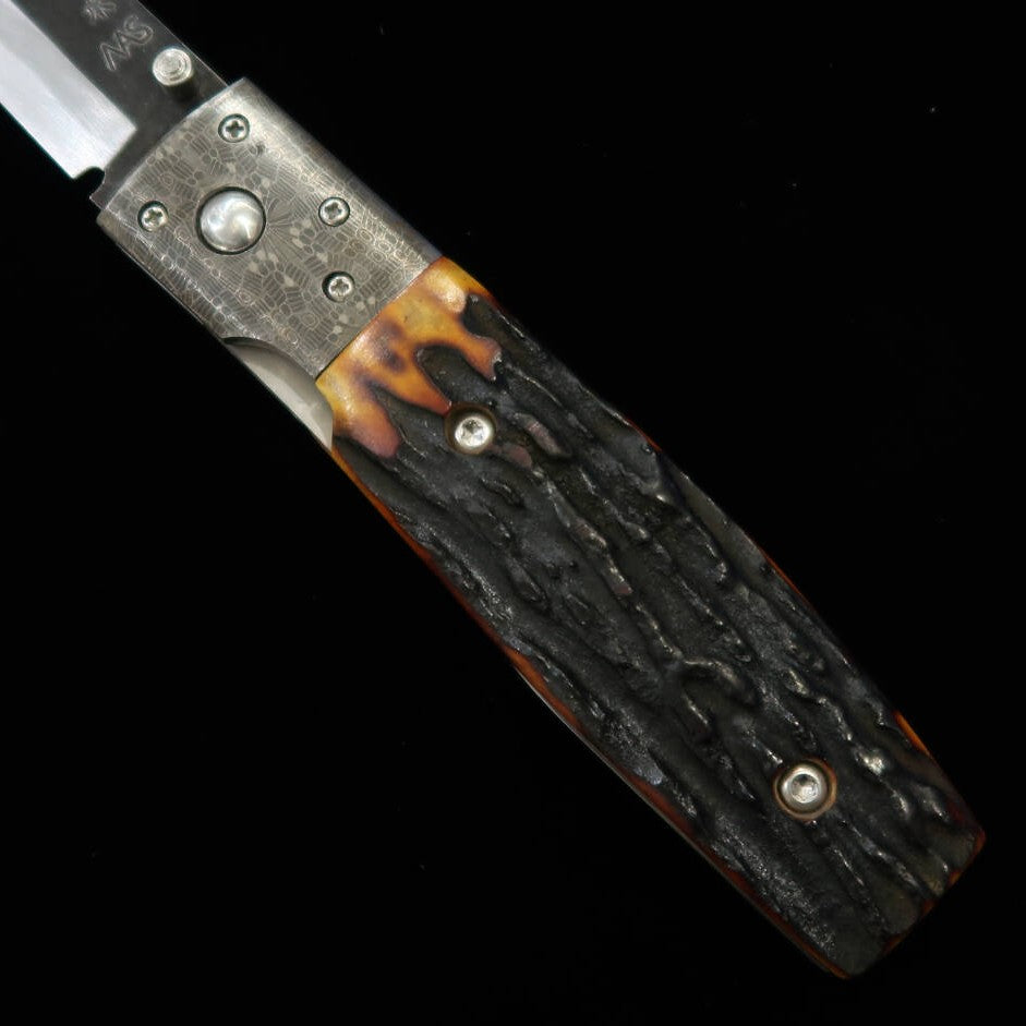 Takeda Hamono TAKEDA – Forja artesanal Bitchu, obra de Inagaki – Liner Lock Folder B – Chifre de cervo indiano tingido – Bolster especial – Aço Hitachi Aogami Super