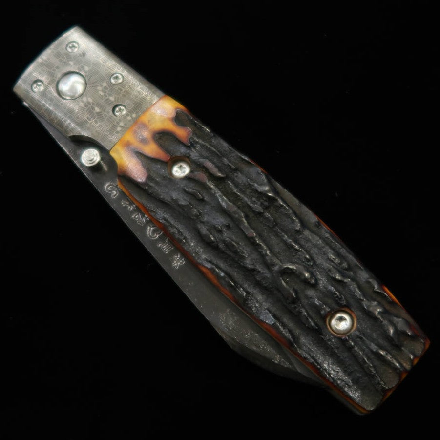 Takeda Hamono TAKEDA – Forja artesanal Bitchu, obra de Inagaki – Liner Lock Folder B – Chifre de cervo indiano tingido – Bolster especial – Aço Hitachi Aogami Super