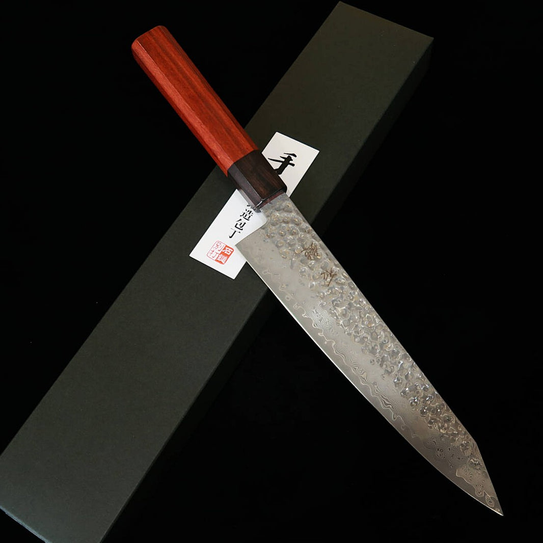 ISHIDUCHI Ishizuchi – Gyuto kiritsuke VG10, damasco de 67 camadas, cabo octogonal em rosewood com colarinho em ébano (210 mm)