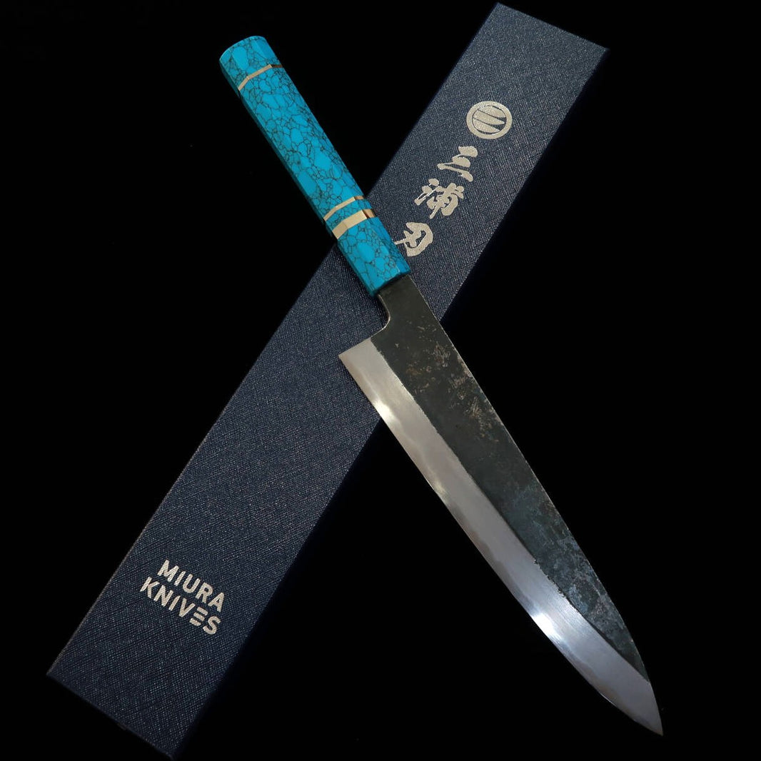 Miura Tadaki Gyuto, White Steel No. 2, Kurouchi, Turquoise Handle (240mm)