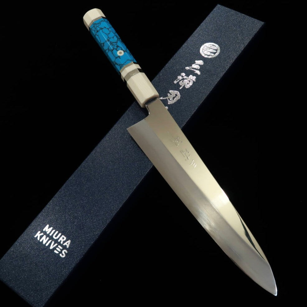 Miura Obidama Single-Edged Gyuto, Ginsan, Mirror Finish, Turquoise Custom Handle (240mm)