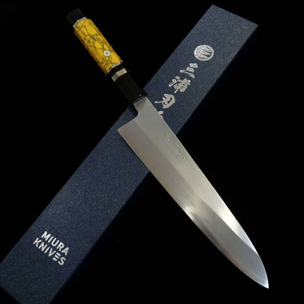 Miura Obidama Single-Edged Gyuto, Ginsan, Wood Finish, Yellow Custom Handle (240mm)