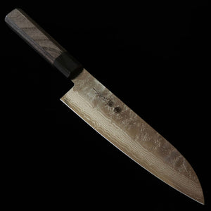 HIGUCHI Santoku VG10, damasco de 8 camadas, acabamento nashiji, cabo em laminado cinza (180 mm)