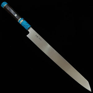 Miura佩 MIURA Obidama Kiritsuke Yanagiba Gaucher Gin-san n°3 Finition bois de polissage Manche turquoise (300 mm)