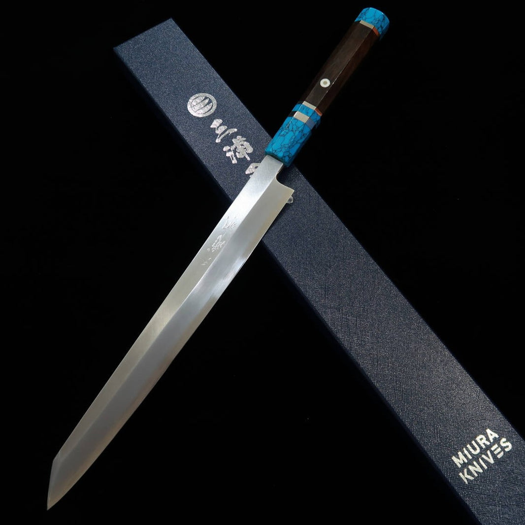 Miura Obidama Kiritsuke Yanagiba Knife, Left-Handed, Ginsan, Wood Finish, Turquoise Handle (300mm)