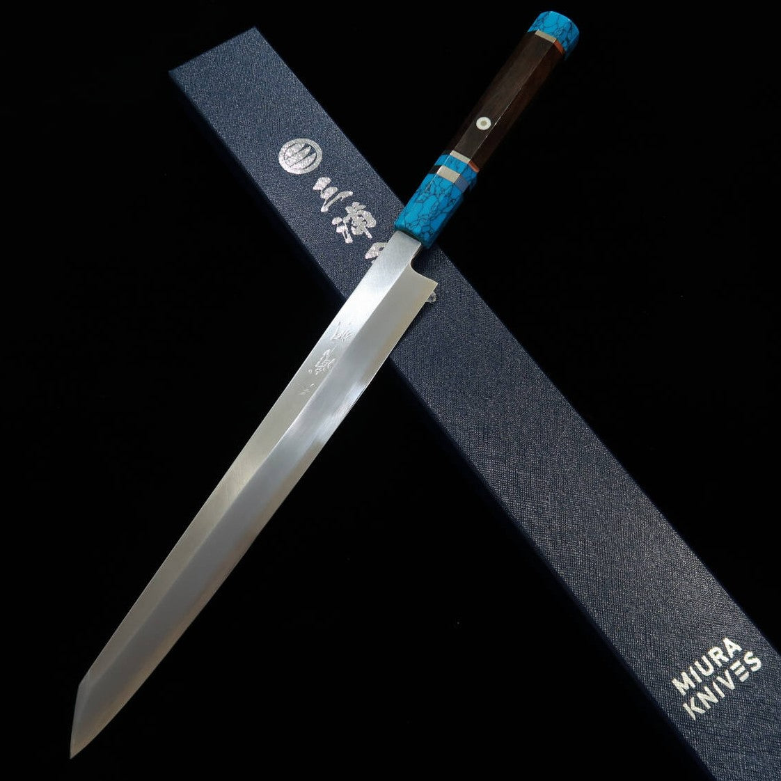 Miura佩 MIURA Obidama Kiritsuke Yanagiba Gaucher Gin-san n°3 Finition bois de polissage Manche turquoise (300 mm)