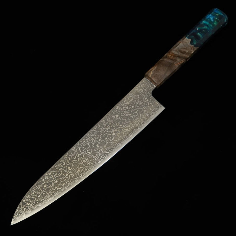 三浦MIURA 牛刀 VG10 鎚目 ニッケルダマスカス 黒スタビライズ青緑樹脂柄（210mm）