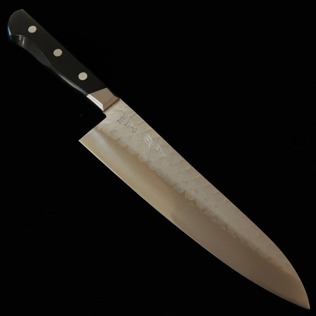 Minamoto Kotetsu Gyuto Aço Yasugi Aogami #2 Acabamento Nashiji com Guarda Cabo de Laminado Preto (200 mm)