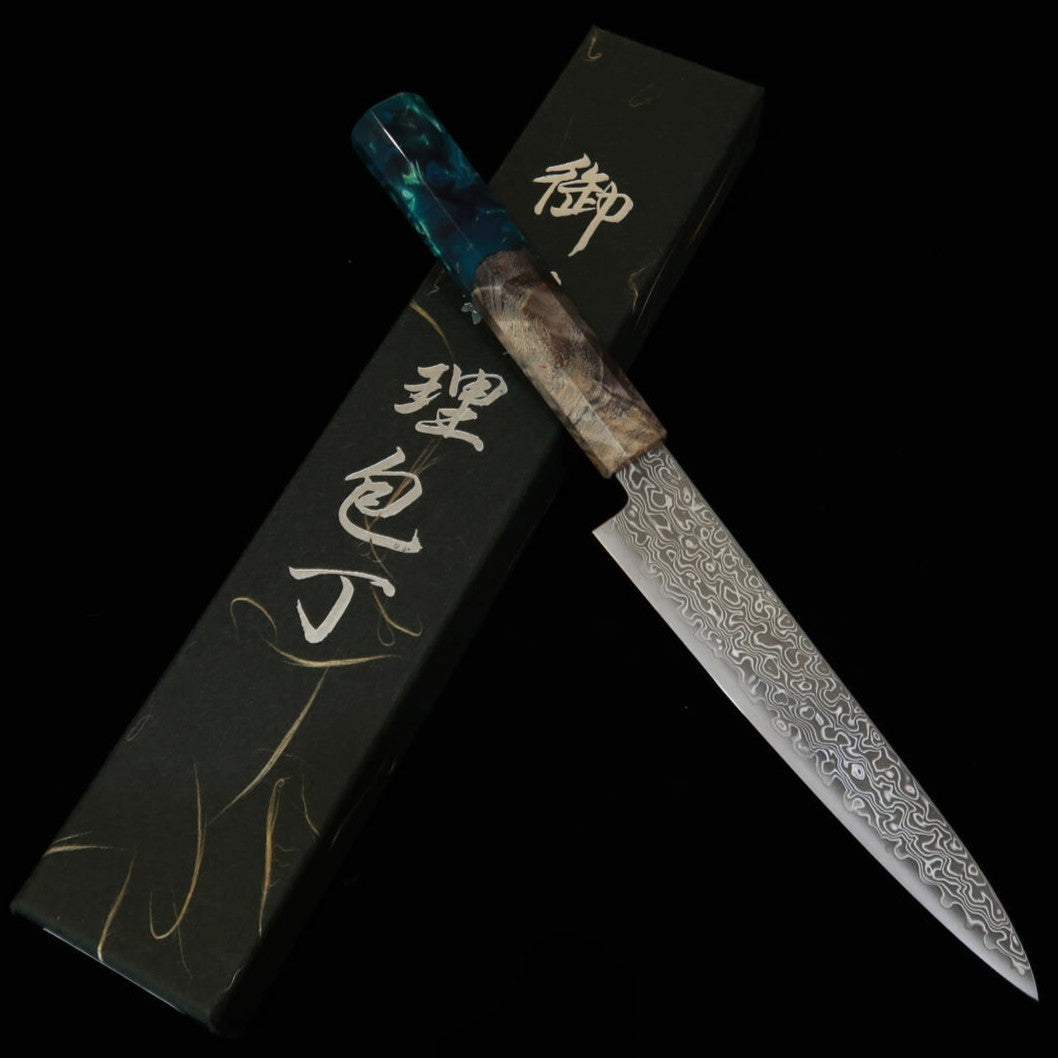 三浦MIURA ペティ VG10 鎚目 ニッケルダマスカス 黒スタビライズ青緑樹脂柄（150mm）