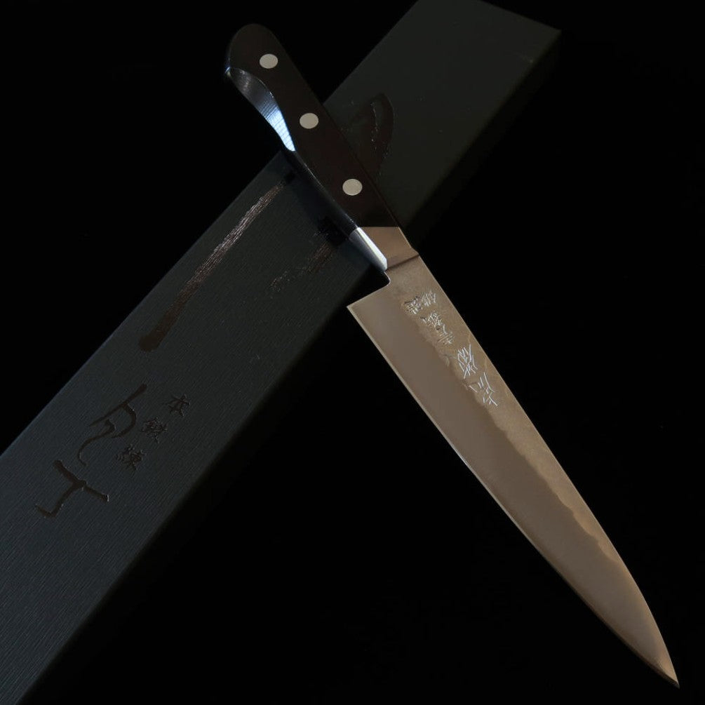 Gen Kotetsu – Petty aço Yasugi Aço Azul nº 2, acabamento Nashiji, com guarda, cabo em laminado preto (135 mm)