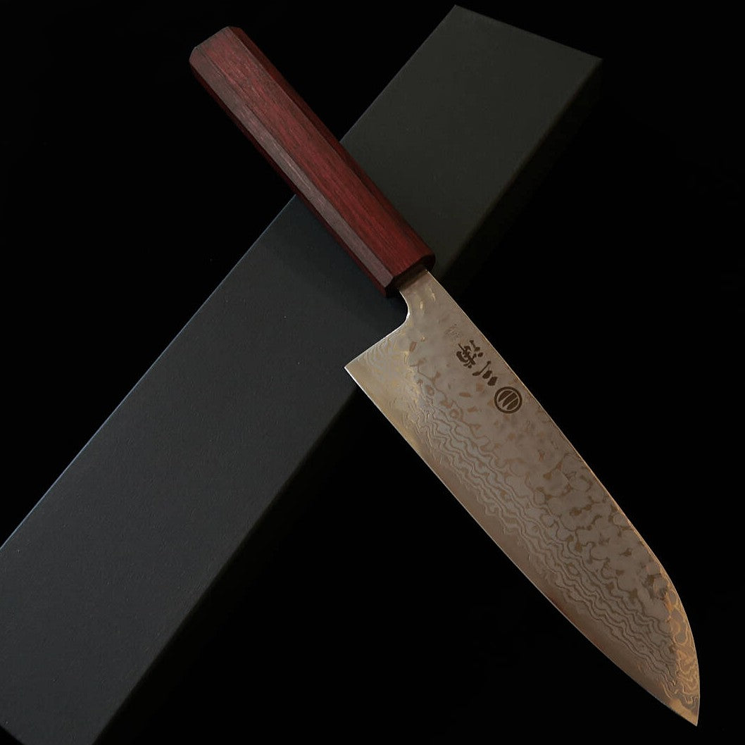 MIURA Santoku Gingami n°3, damas blanc, martelé, manche “Sanmurasaki” (165 mm)