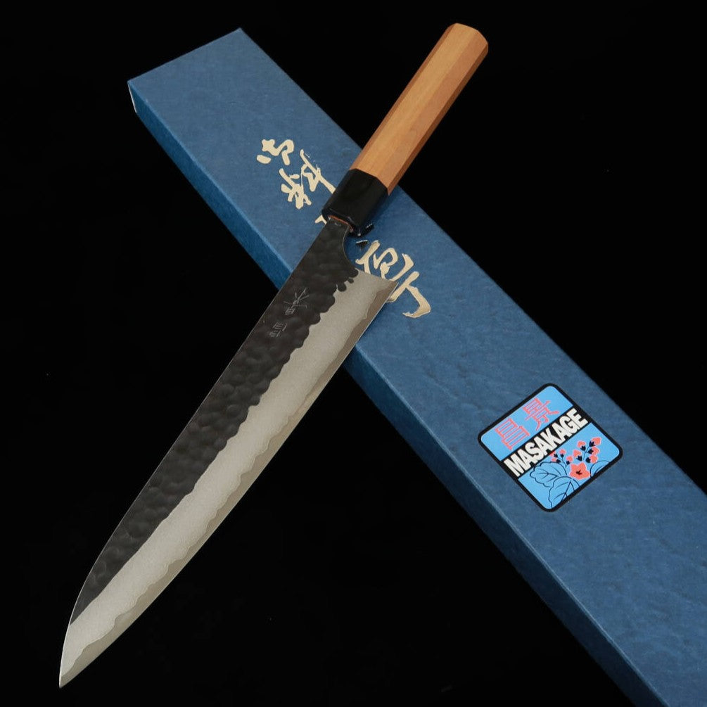Masakage Koisu Gyuto - Aogami Super Steel, Hammered Finish, Black Iron, Paulownia Octagonal Handle (210/240mm)