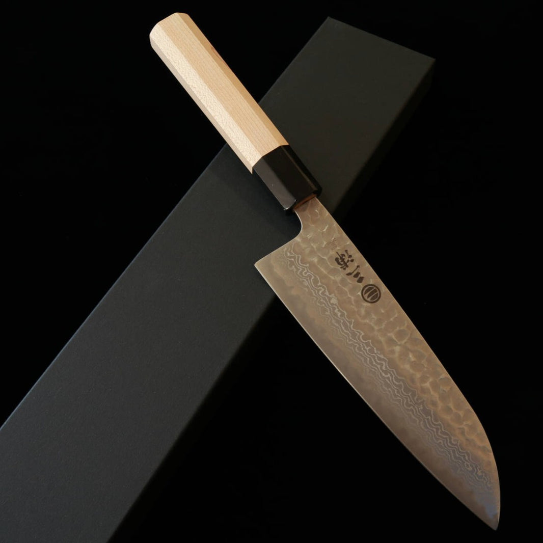 MIURA santoku aço Gingami #3 acabamento fosco damasco cabo octogonal em bordo com virola em chifre de búfalo (165 mm)