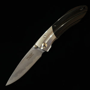 MCUSTA Shinra Mixture Ripple Folding Knife, SPG2 Powder Steel - Black Pakkawood Handle (71mm - MC-0142G)
