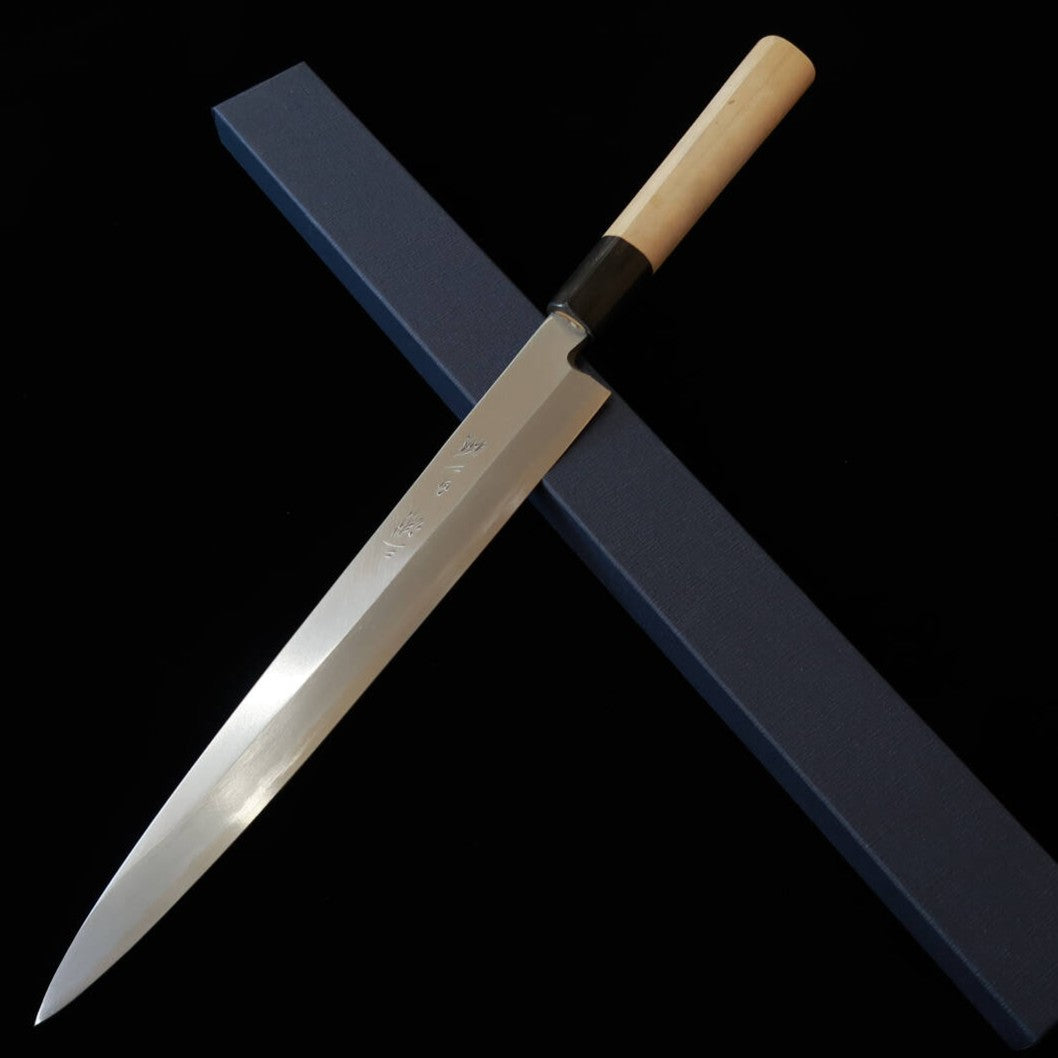 Miura MIURA Yanagiba Shirogami nº2 Hon-kasumi, cabo em magnólia formato castanha com virola em chifre de búfalo – para canhotos (270 mm)