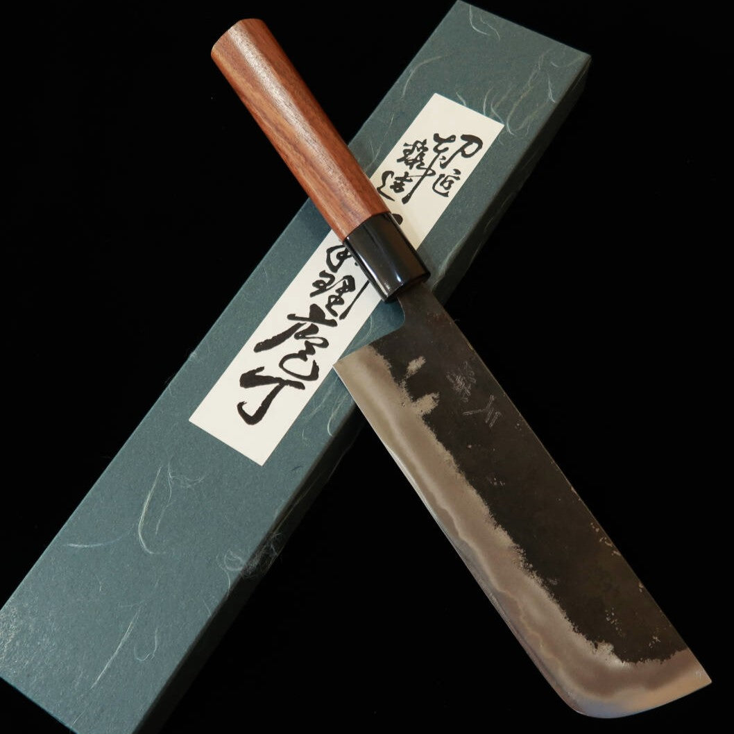 Miura Nakiri Forme Naginata Shirogami No.2 Kurouchi, Manche en D en noyer (175 mm)