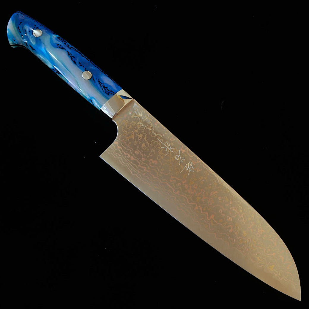 SAJI TAKESHI Santoku VG10 Damasco colorido cabo de acrílico azul (180mm)