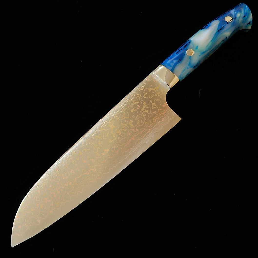 SAJI TAKESHI Santoku VG10 damas coloré, manche acrylique bleu (180 mm)