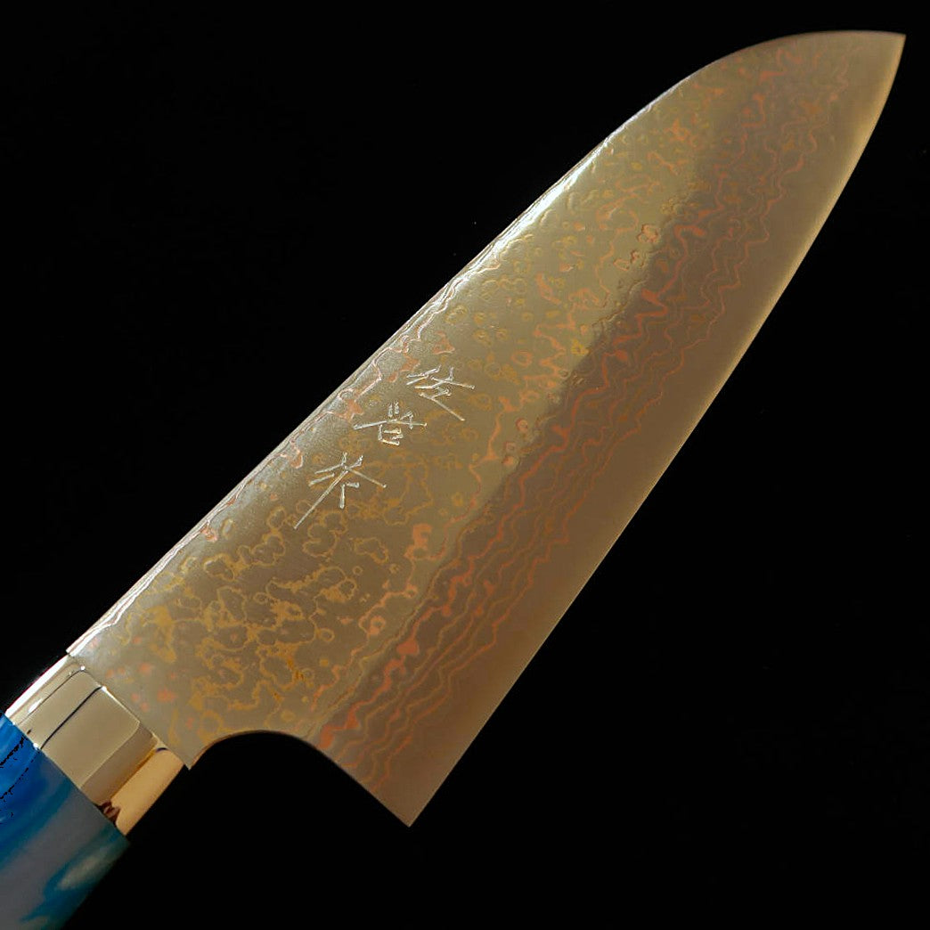 SAJI TAKESHI Santoku VG10 damas coloré, manche acrylique bleu (180 mm)